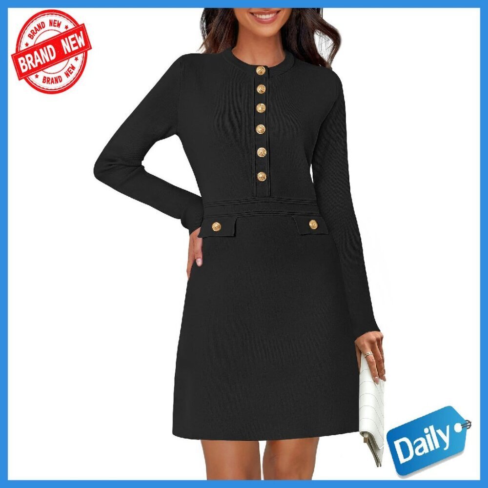 Long Sleeve Bodycon Sweater Dress Button Crew Neck Mini Formal